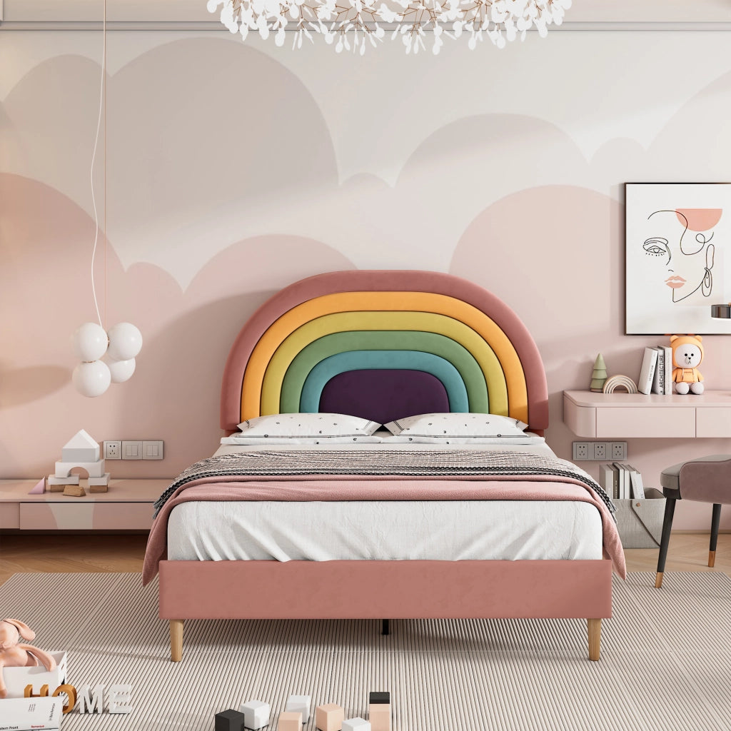 Letto imbottito 140x200 cm in velluto rosa con rete a doghe, testiera regolabile e struttura robusta