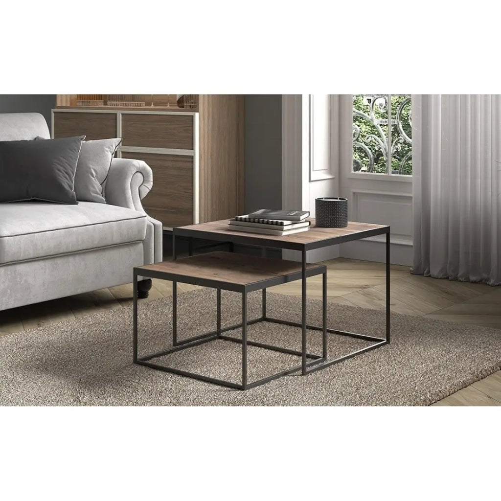 Set di 2 tavolini nidificati RUBIK – Legno massiccio di Mangolia e metallo nero – Stile contemporaneo