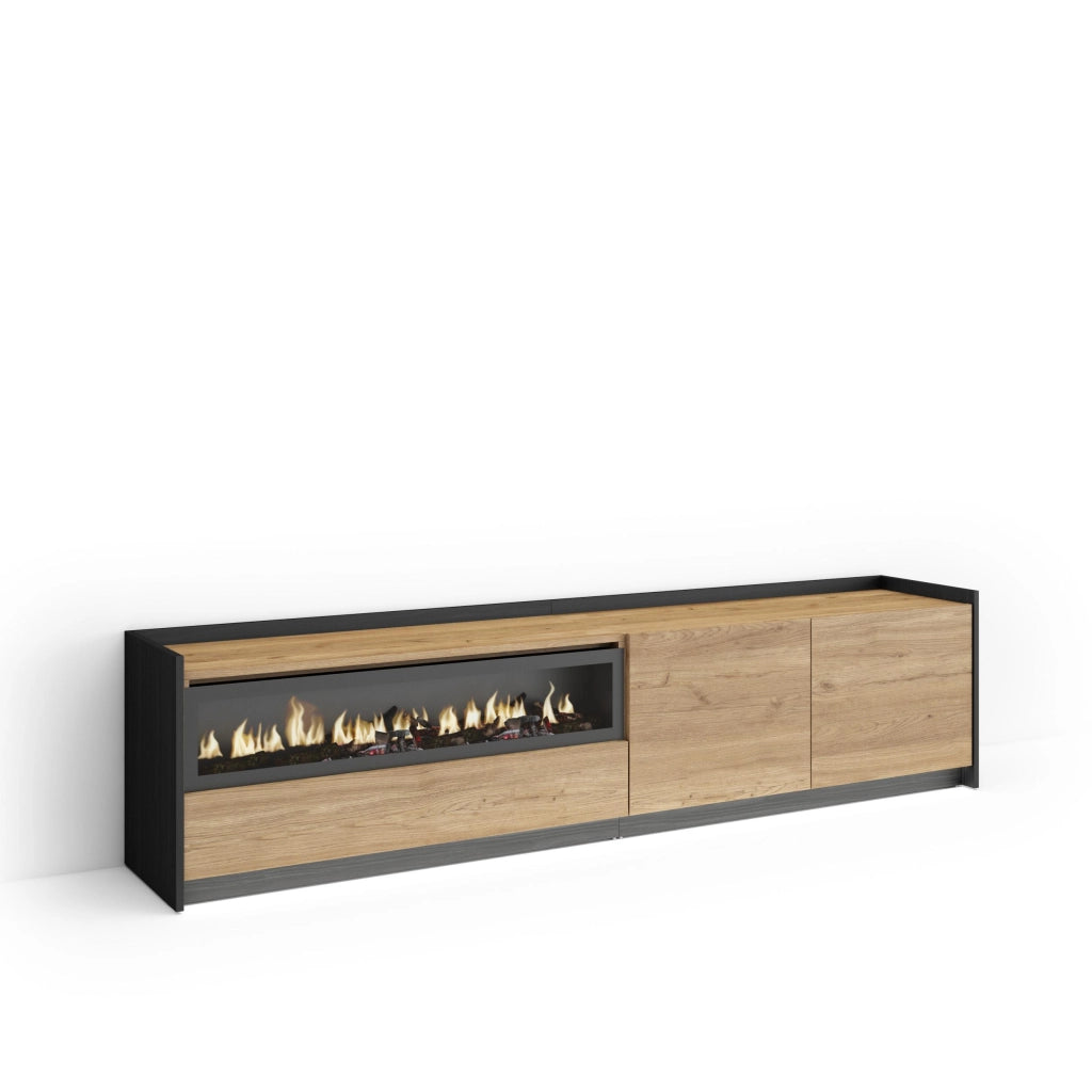 Mobile TV Soggiorno, 207x50x37 cm, Per TV fino a 80", Camino elettrico, LED, Rovere e nero