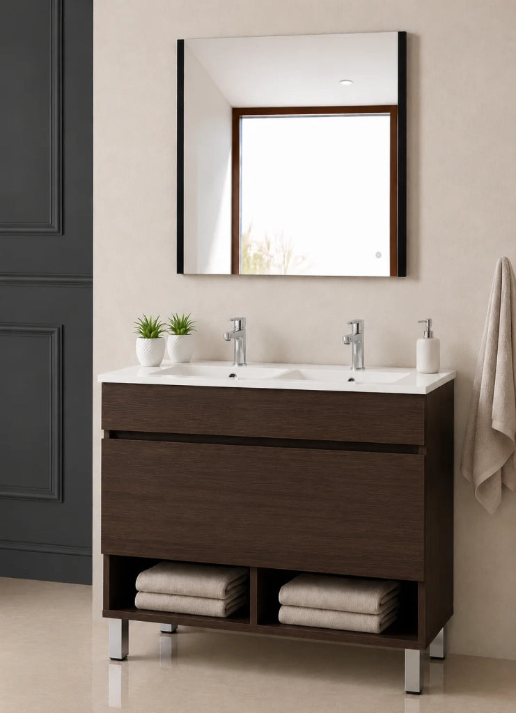 Mobile bagno con piedini con lavabo extrapiano ORIGENBATH NEBARI senza specchio 120x45 cm doppio lavabo frassino tea