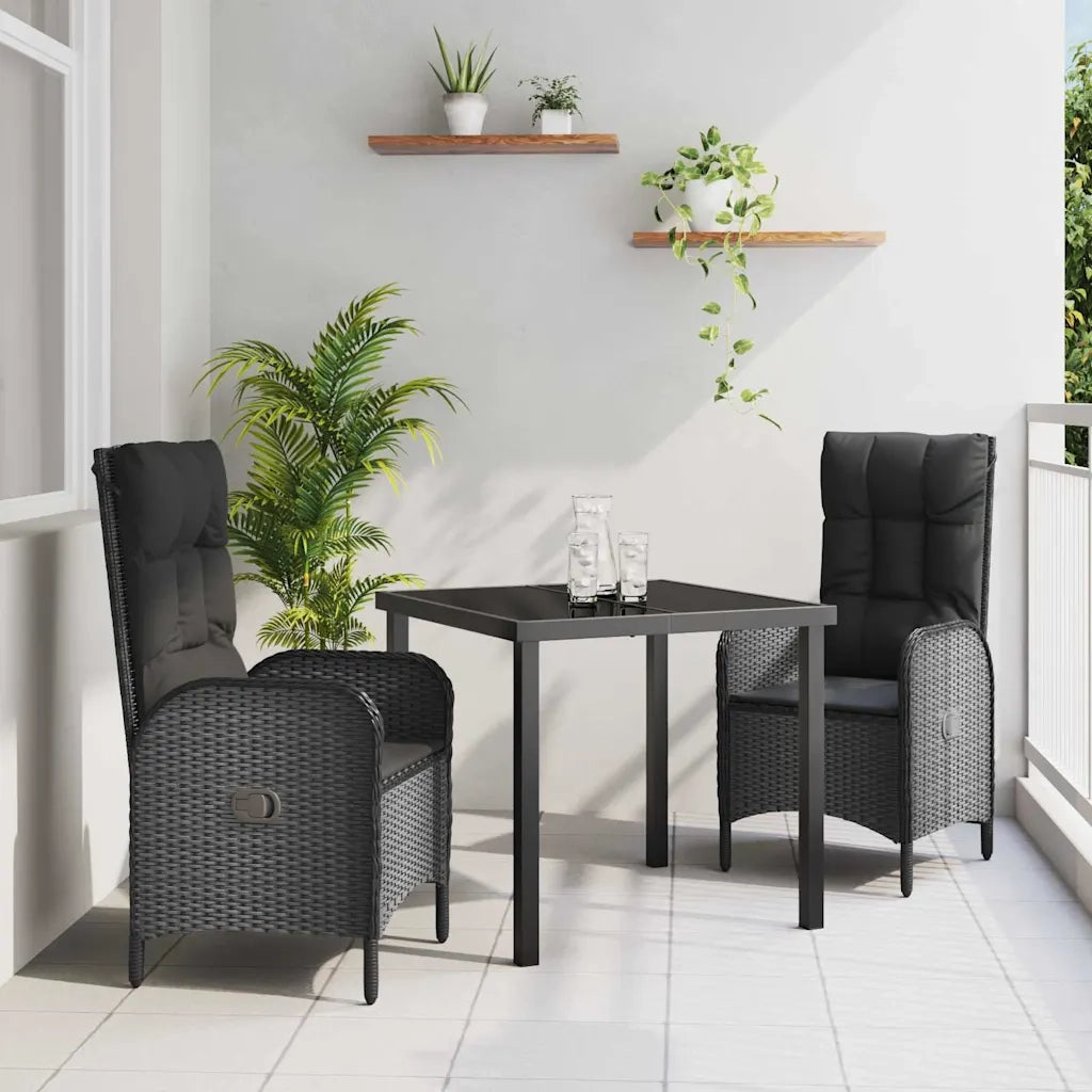 Set da Pranzo per Giardino con cuscino 3 pcs Nero polyrattan