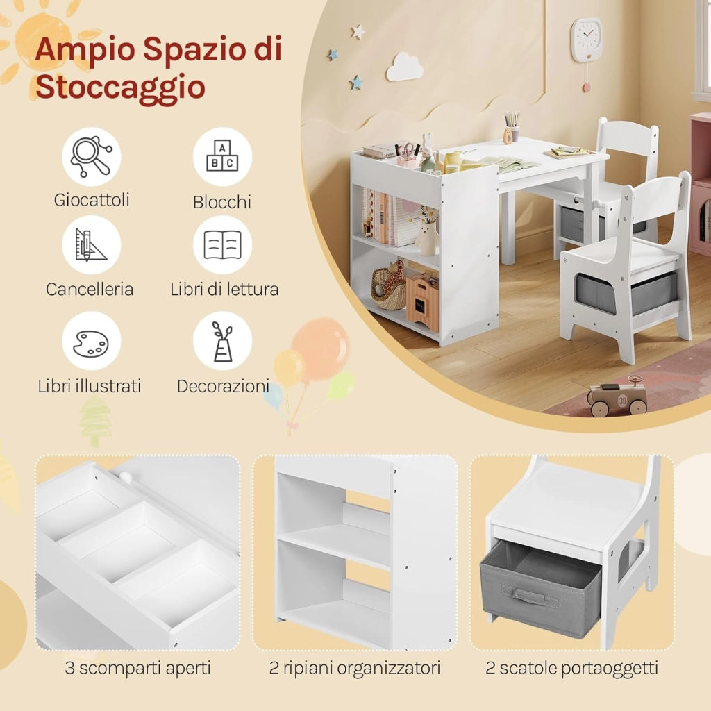 Tavolino Bambini con 2 Sedie, 3 in 1 Scrivania Cameretta in Legno, con Ripiano a 3 Livelli, Portarotolo di Carta e Contenitore Rimovibile, per Asilo, Bianco