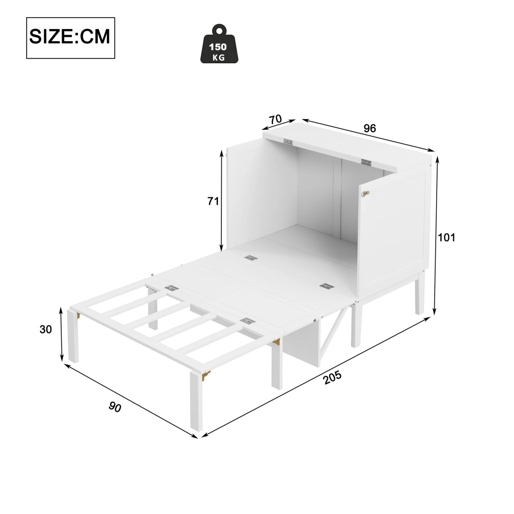Letto a scomparsa verticale 90 × 200 cm con rete a doghe e vani sottoletto in legno bianco