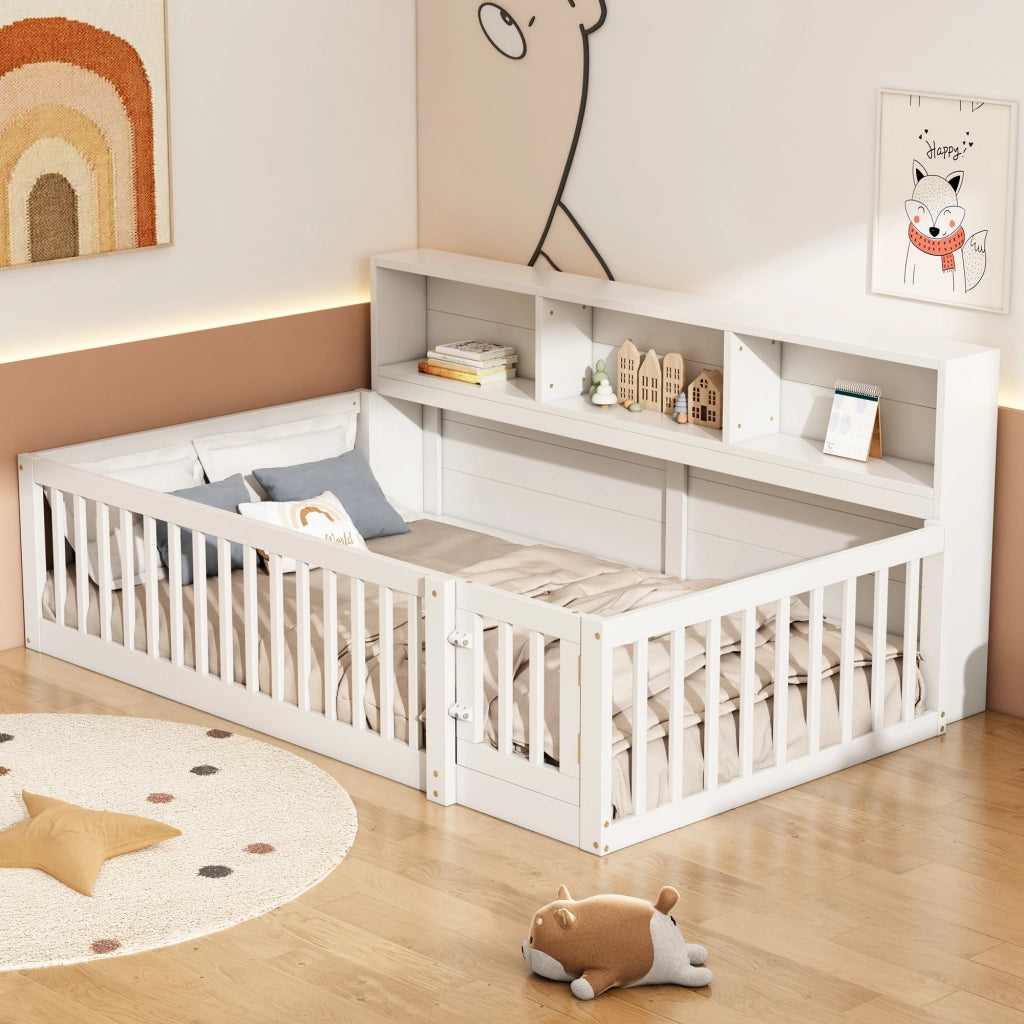 Letto a Divano 90×200 cm; letto singolo con vani portaoggetti; sponda di sicurezza; senza materasso; in pino e MDF; bianco