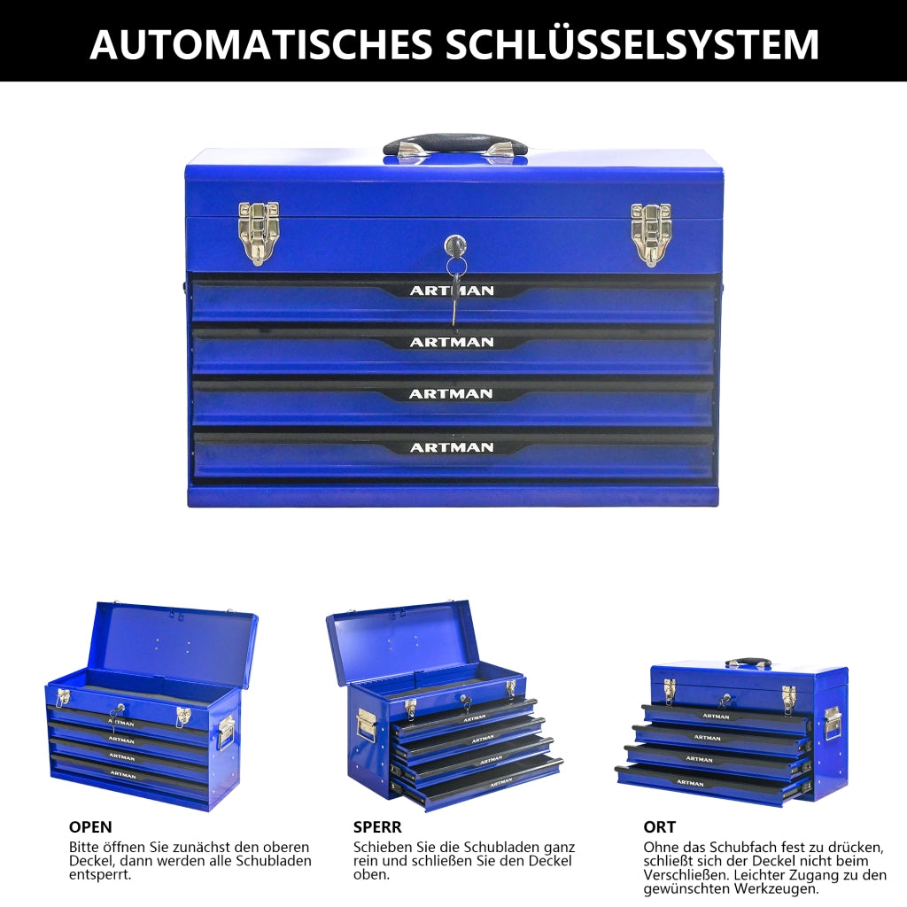 Scaffale in acciaio con 3 cassetti e vassoio superiore, serratura in metallo, per officina e garage, nero 60 × 29,5 × 42 cm