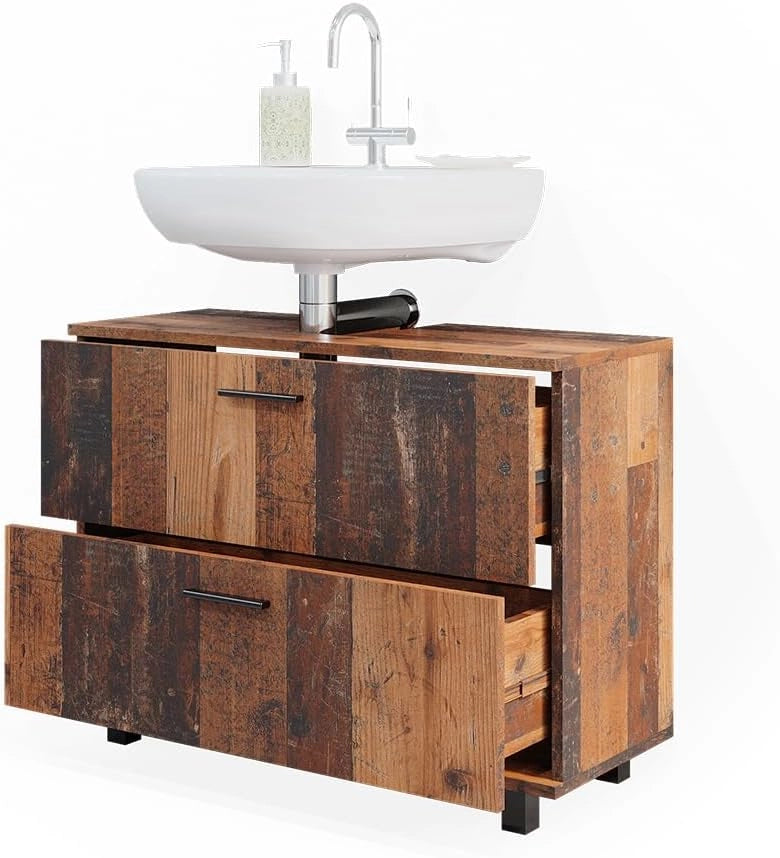 Mobile sottolavabo per bagno Ilias, Rovere rustico, 80 x 60.8 cm con 2 cassetti, con ritaglio per sifone e aperture di ventilazione laterali