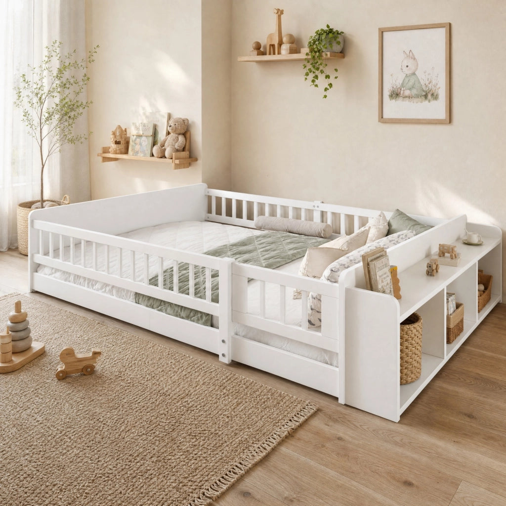 Letto per bambini 140x190 cm in pino e MDF bianco con ripiani
