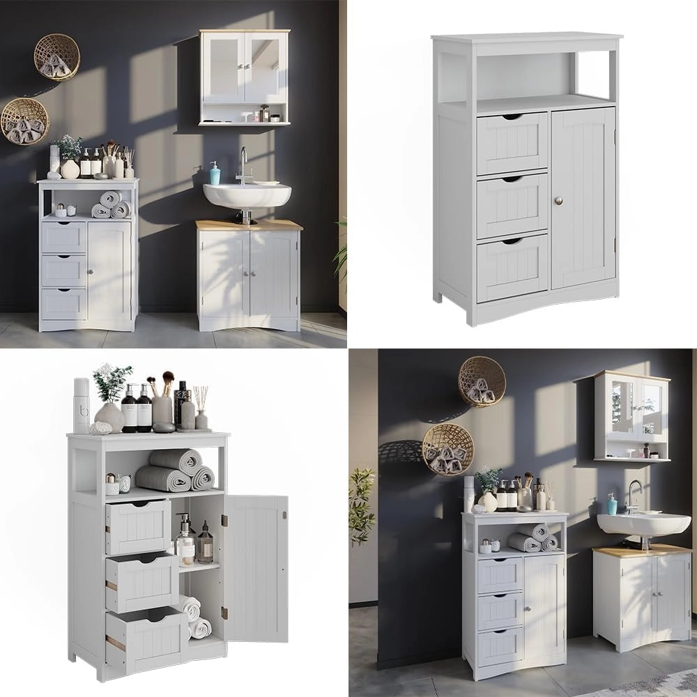 Mobiletto midi Bianco, Bianco, 56 x 86.5 cm con cassetti, per la conservazione di articoli da bagno e asciugamani
