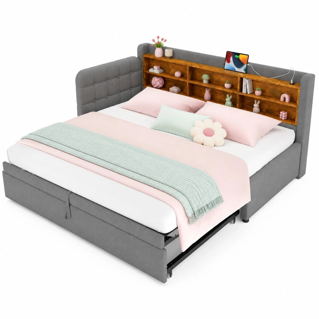 Letto estraibile 90x200 cm grigio con USB-C, vani portaoggetti e rete
