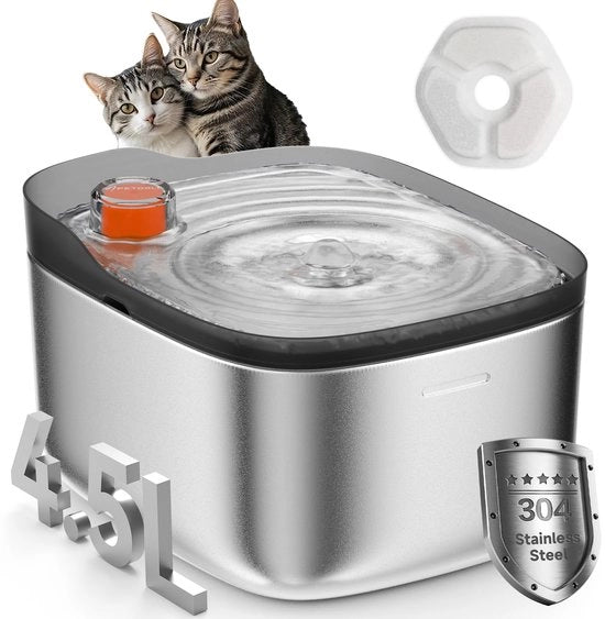 Fonteino per gatti in acciaio inossidabile, fonteino per gatti da 4,5 litri, waterdispenser per gatti e cani con indicatore di livello di acqua innovativo, pompa ultrasilenziosa con flusso d'acqua costante, resistente alla vaschetta - FS0010BK