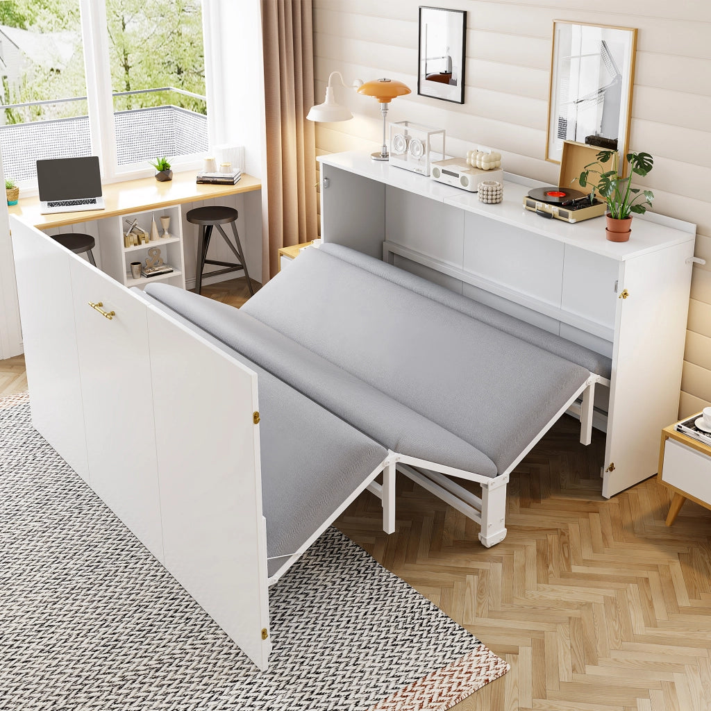Letto a scomparsa 140 × 200 cm con ruote silenziose, materasso incluso, struttura in legno e metallo, bianco