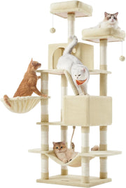 Feandrea Albero per Gatti, Alto 168 cm, Tiragraffi per Gatti con 13 Graffiatoi, 2 Posatoi, 2 Grotte, Cesto, Amaca, Pompon, in Peluche a Più Livelli per Interno, Beige PCT165M01V1