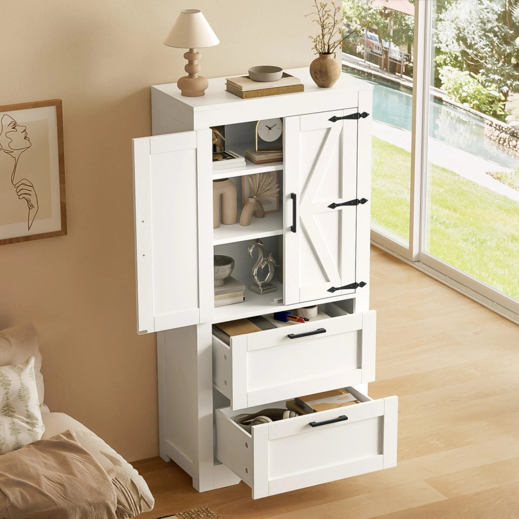 Credenza alta in stile rustico con ante effetto fienile, 2 cassetti, ripiani regolabili, colore bianco