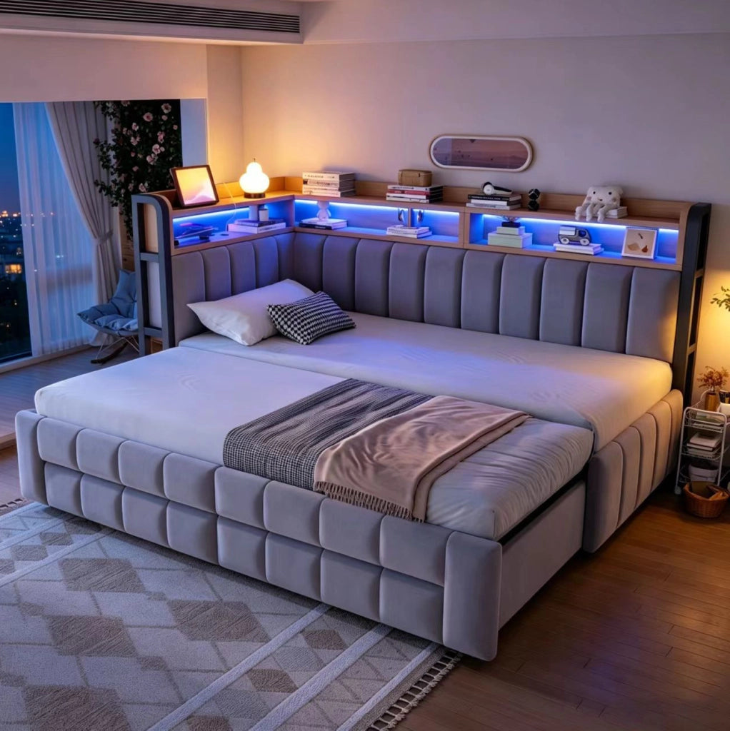 Divano letto imbottito estraibile 90/180 x 200 cm con LED; USB e Type-C; velluto grigio chiaro