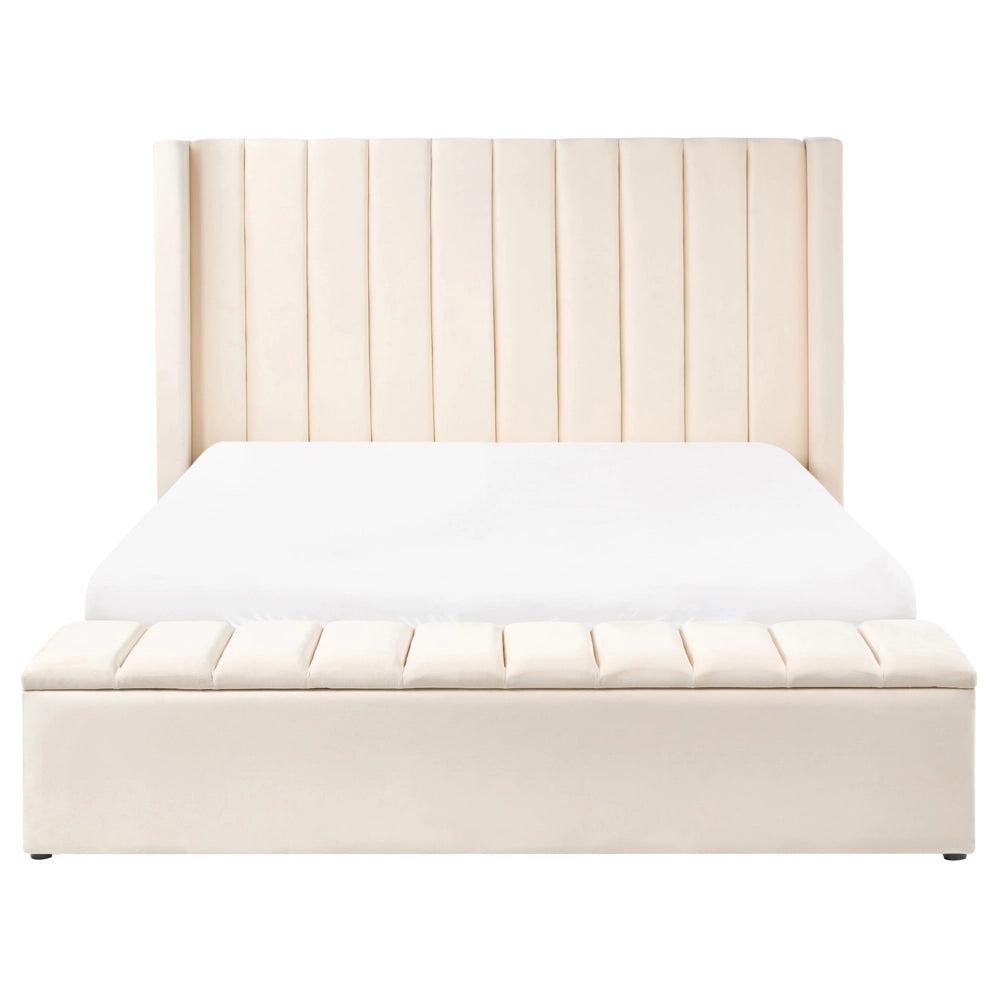 Letto matrimoniale velluto bianco sporco rete a doghe e cassapanca 160 x 200 cm stile moderno glam
