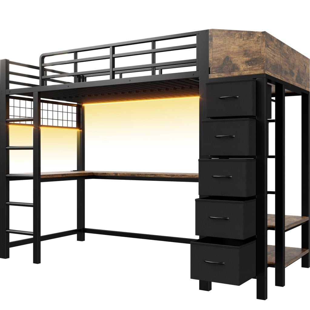 Letto a soppalco 90x200 cm con scrivania e contenimento in metallo nero
