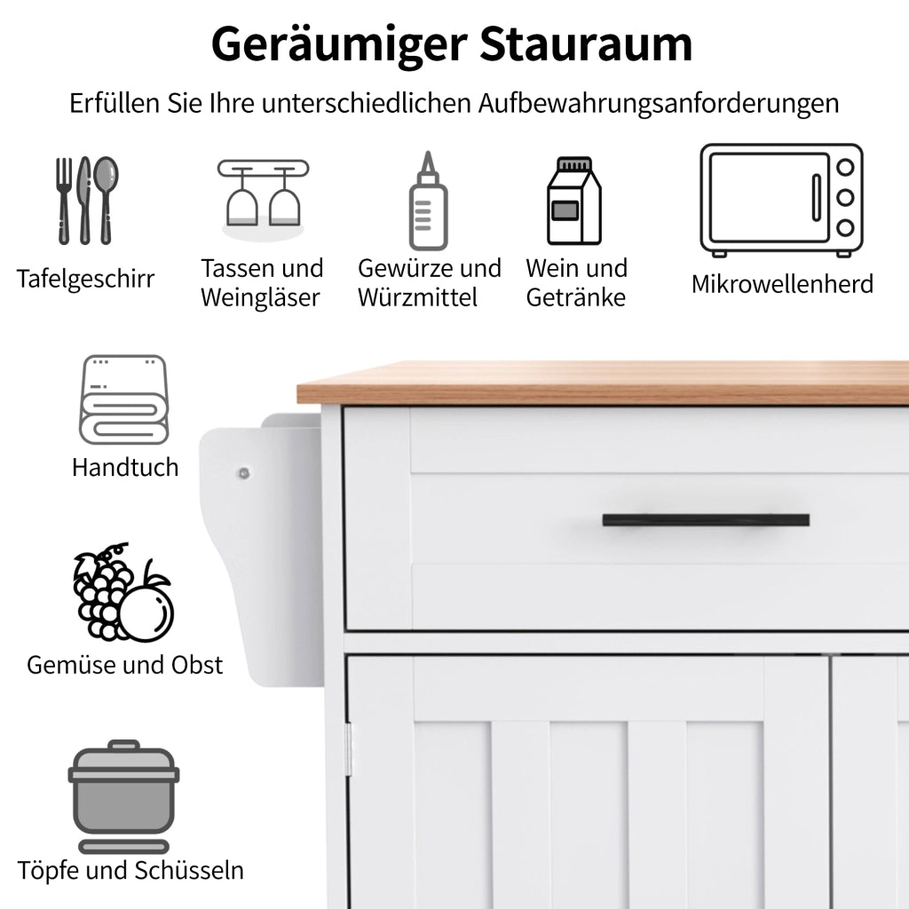 CARRELLO CUCINA CON PIANO RIBALTABILE 129x71x91,5 cm MDF Bianco/Naturale