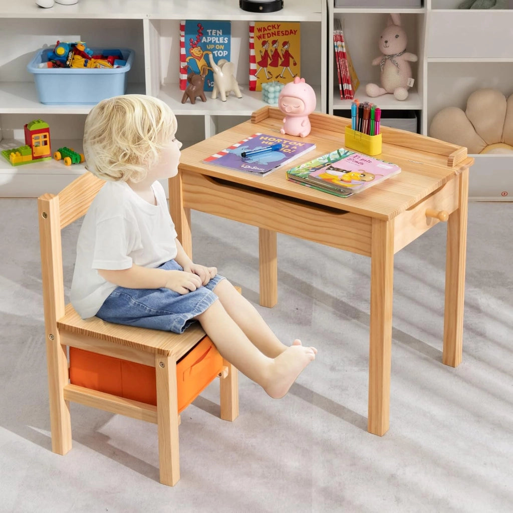 Set Tavolo e Sedia per Bambini, Scrivania Ribaltabile con Sedia per Bambini in Legno, con Cassetto e Gancio Estraibile, Bianco/Naturale (Naturale)