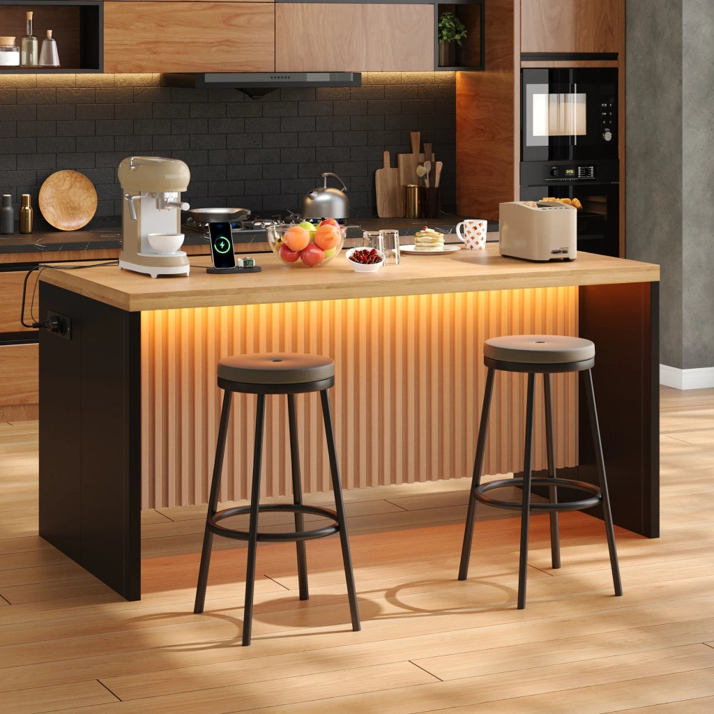 Mobile cucina con LED, 2 prese e 2 USB, piano da 40 mm, per cucina aperta, in MDF nero e naturale 155 × 80 × 90 cm