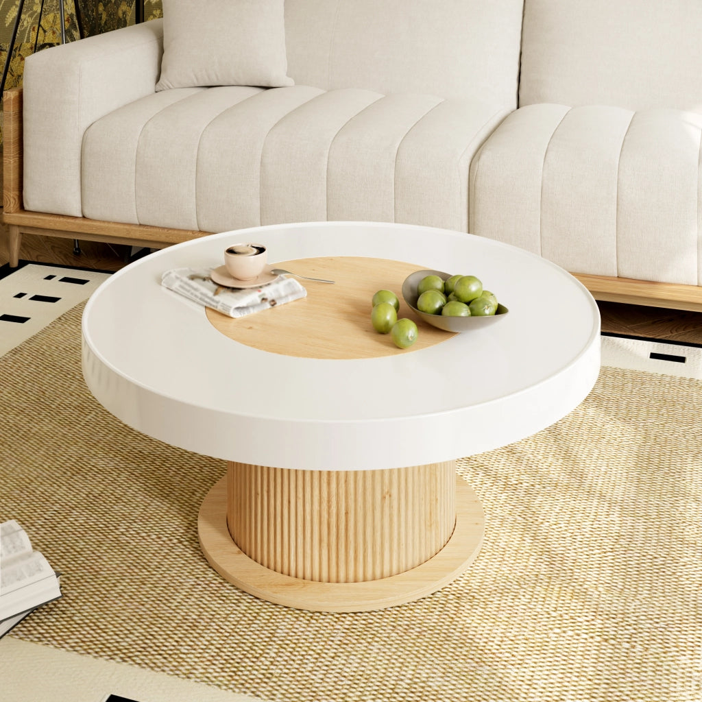 Tavolino basso rotondo con piano bicolore bianco e legno, base cilindrica scanalata, per soggiorno, 75 × 75 × 39 cm