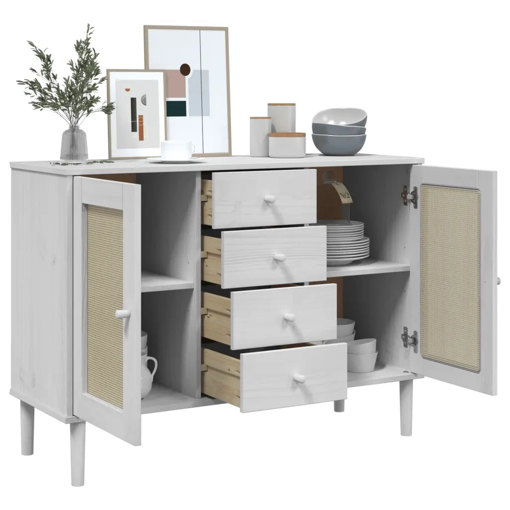 Credenza SENJA Aspetto Rattan Bianco 112x40x80 cm Massello Pino 358026