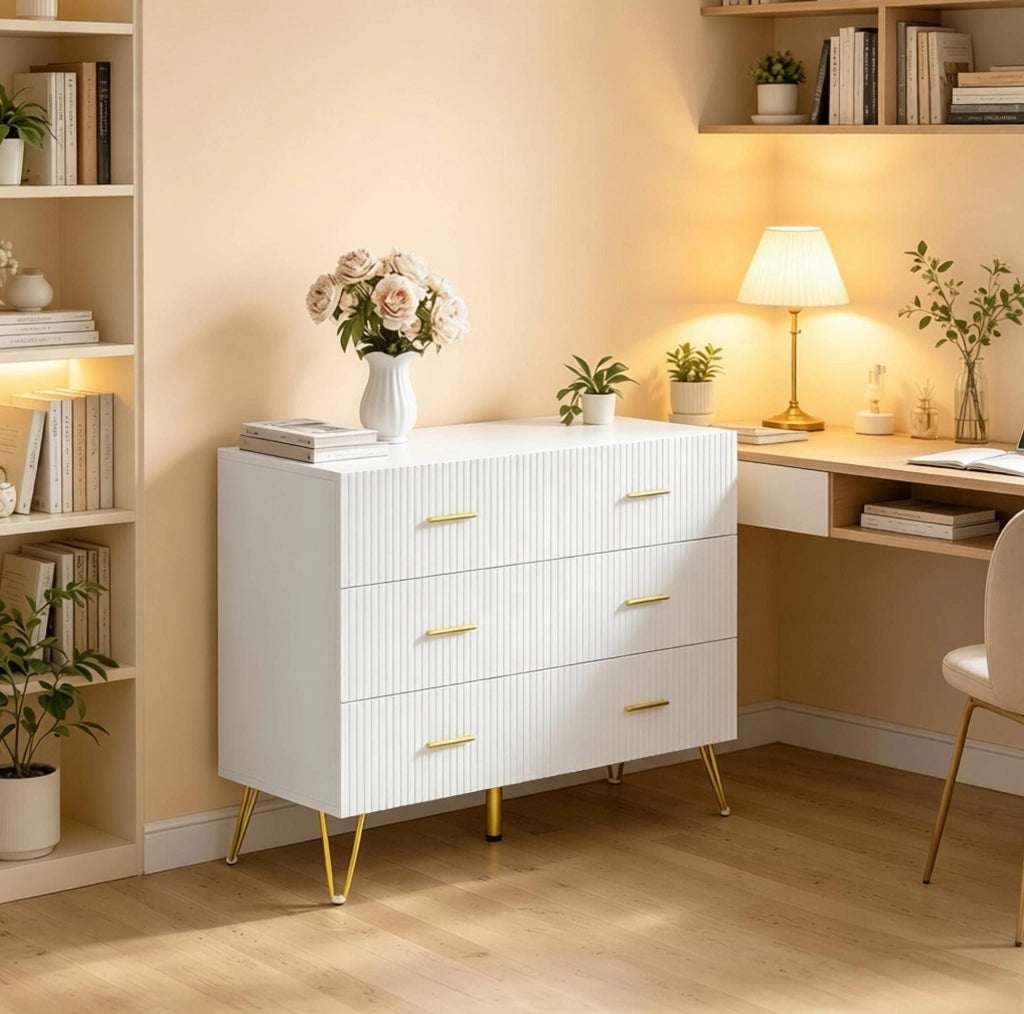 Cassettiera bianca e oro con 6 cassetti, 100 x 40 x 75 cm
