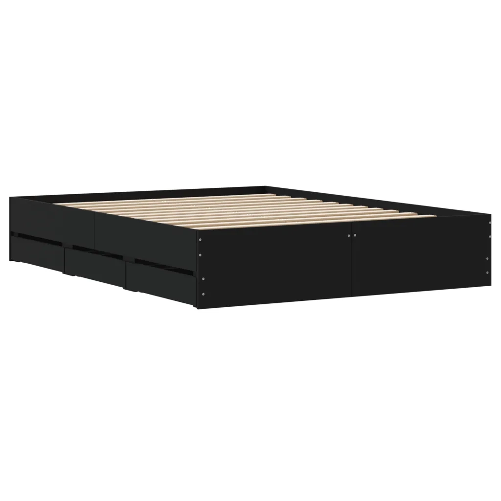 Letto matrimoniale | Letto per adulti | Giroletto con Cassetti Nero 150x200 cm in Legno Multistrato
