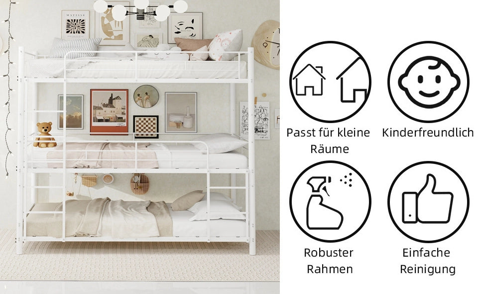Letto a castello a tre posti 90x190 cm con due scale integrate in ferro bianco