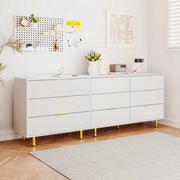 Comò modulare con 9 cassetti in MDF bianco con maniglie e gambe in metallo oro 72 × 200 × 40 cm
