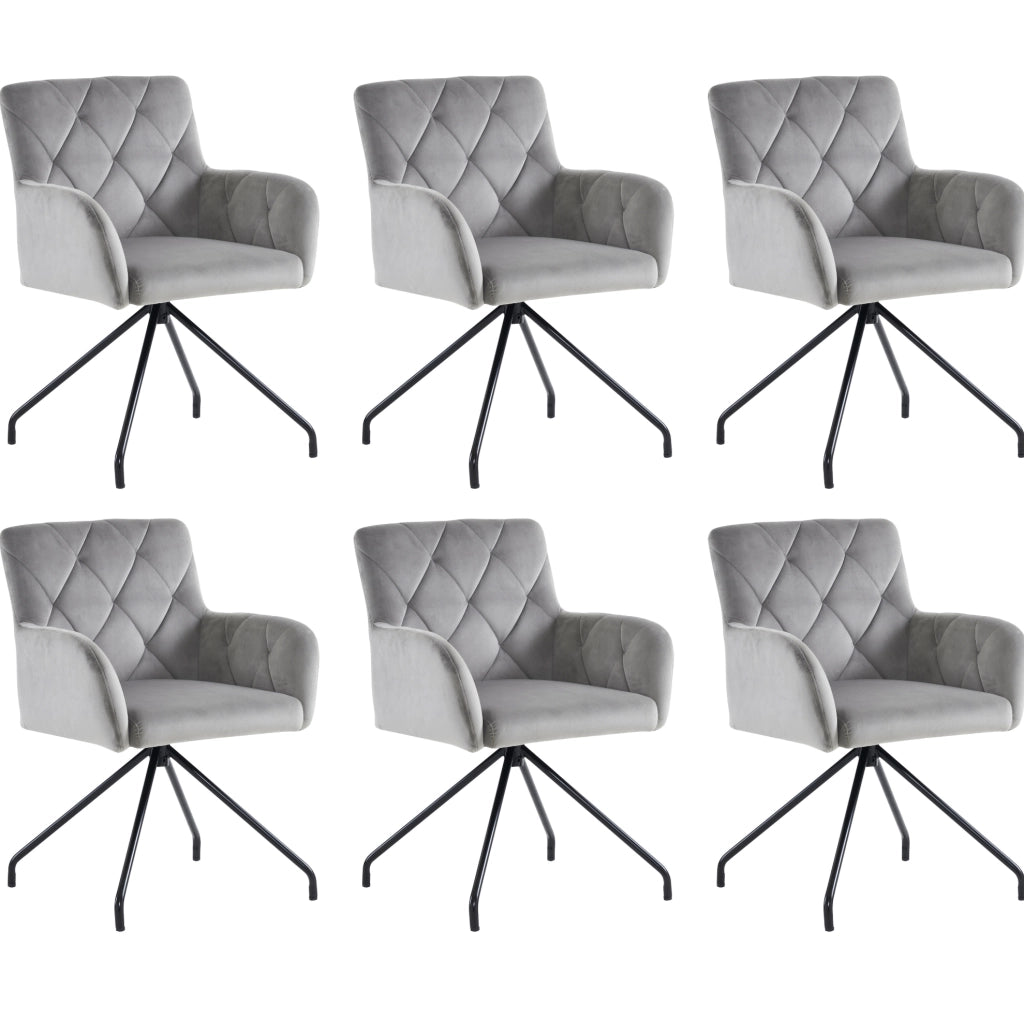 Set di 6 sedie imbottite in velluto con braccioli e gambe in metallo; grigio chiaro