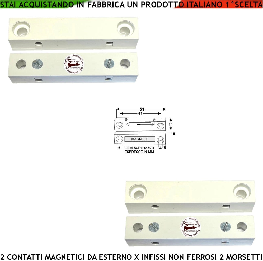 Sensore Magnetico da Esterno 2 Pezzi Antifurto Contatto Reed Sottovuoto Uscita NC Sensibilità Magnetica 13 mm Tensione Transito Max 30 V 0,5 A Carico Resistivo 2 Morsetti Cover ABS Bianco Prot. IP40