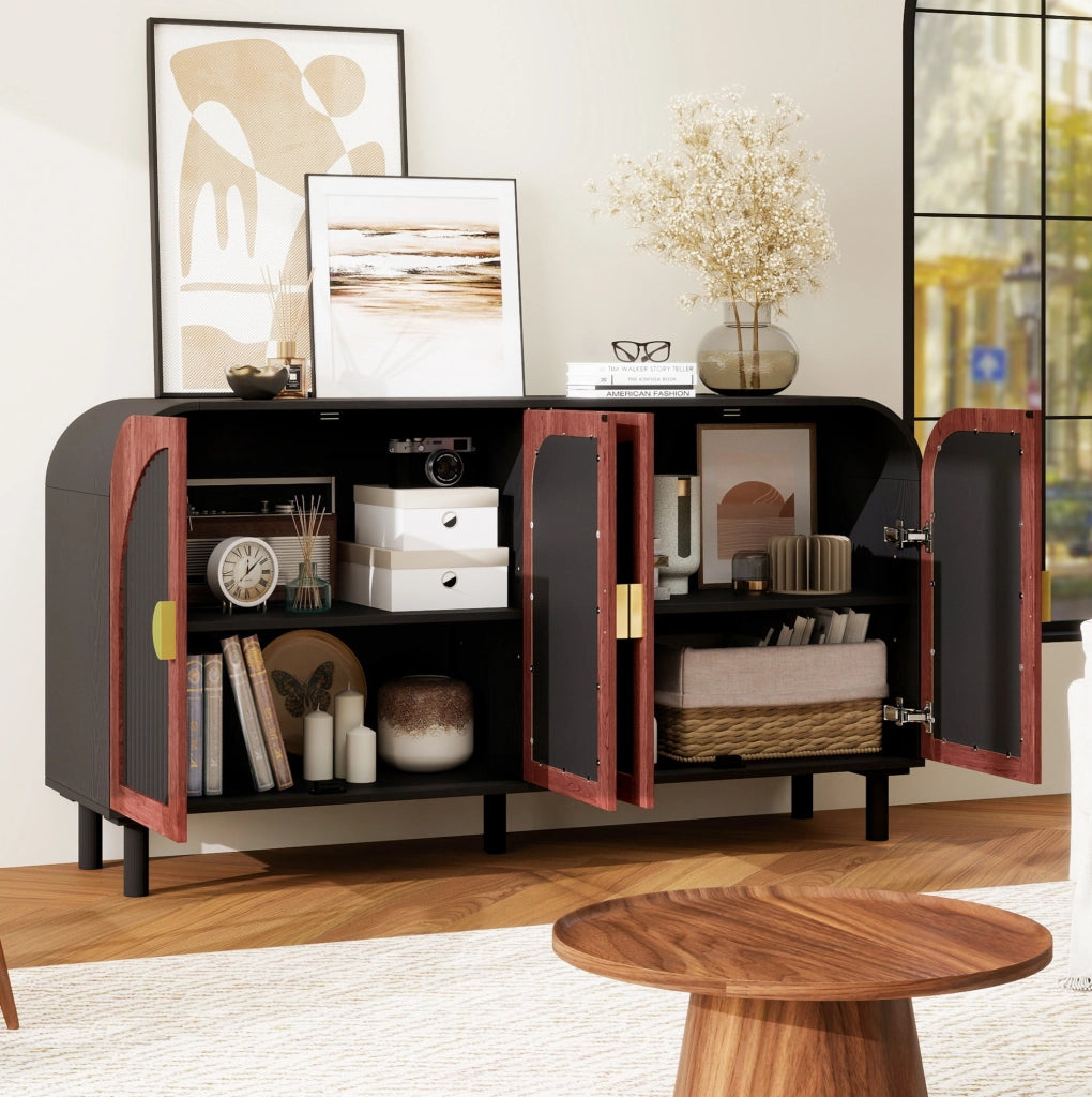 Credenza retrò 150 cm a 4 ante con frontali curvi e ripiani regolabili; nero/noce scuro