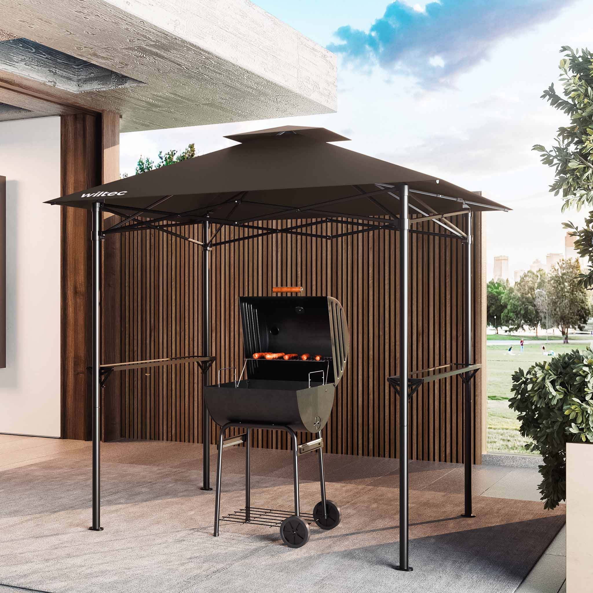Gazebo per barbecue color caffè 2,45 x 1,52 m con telone di copertura e due ripiani