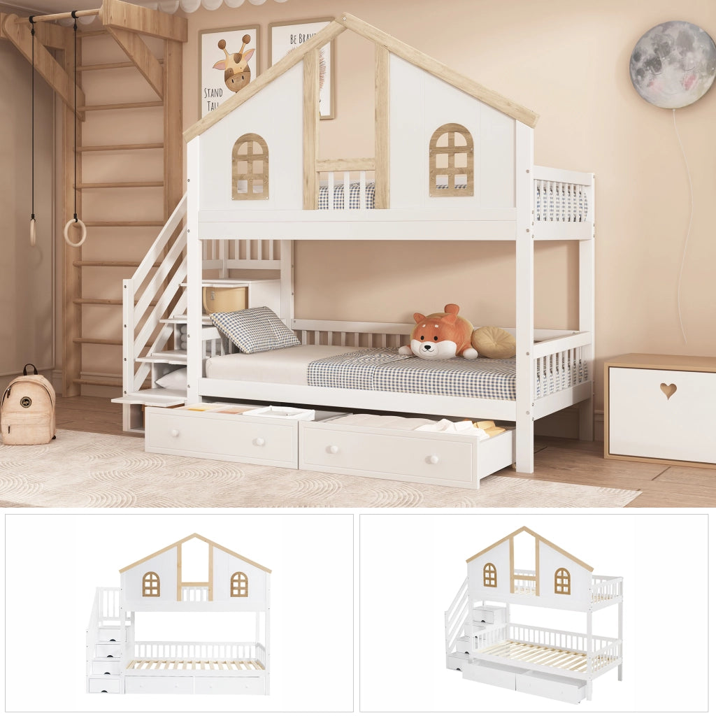 Letto a Castello 90x200 cm; Letto 2 Posti - Finestre; 2 Cassetti; Scala - in Legno Massello e MDF - Bianco e Naturale