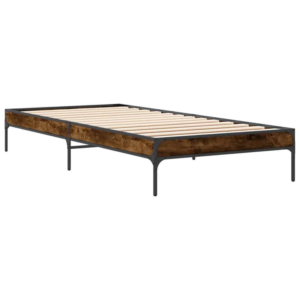 Letto singolo | Letto per adulti | Giroletto Rovere Fumo 100x200 cm in Legno Multistrato e Metallo