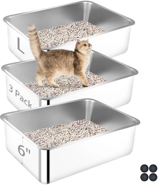 Scatola per gatti in acciaio inossidabile, 3-pack, grande scatola per gatti grandi, multiuso, rivestimento antiscivolo, facile da pulire (50-35-15 cm)
