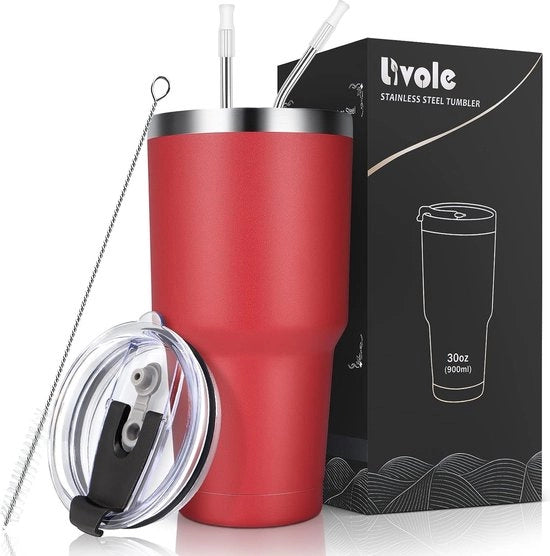 Bicchiere termico per uomini e donne, bicchiere per caffè da viaggio, bicchiere per campeggio, bicchiere a doppio strato in acciaio inossidabile con cucchiaio, tazza di caffè isolata a vuoto, bicchiere da viaggio, rosso