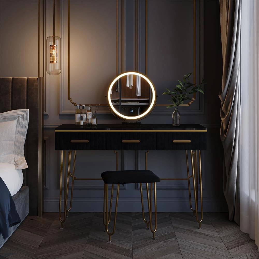 Vicco Tavolo da toeletta Ruby, Bianco, 100 cm con illuminazione LED e sgabello, Spazio per trucco, prodotti per capelli e cura sempre a portata di mano