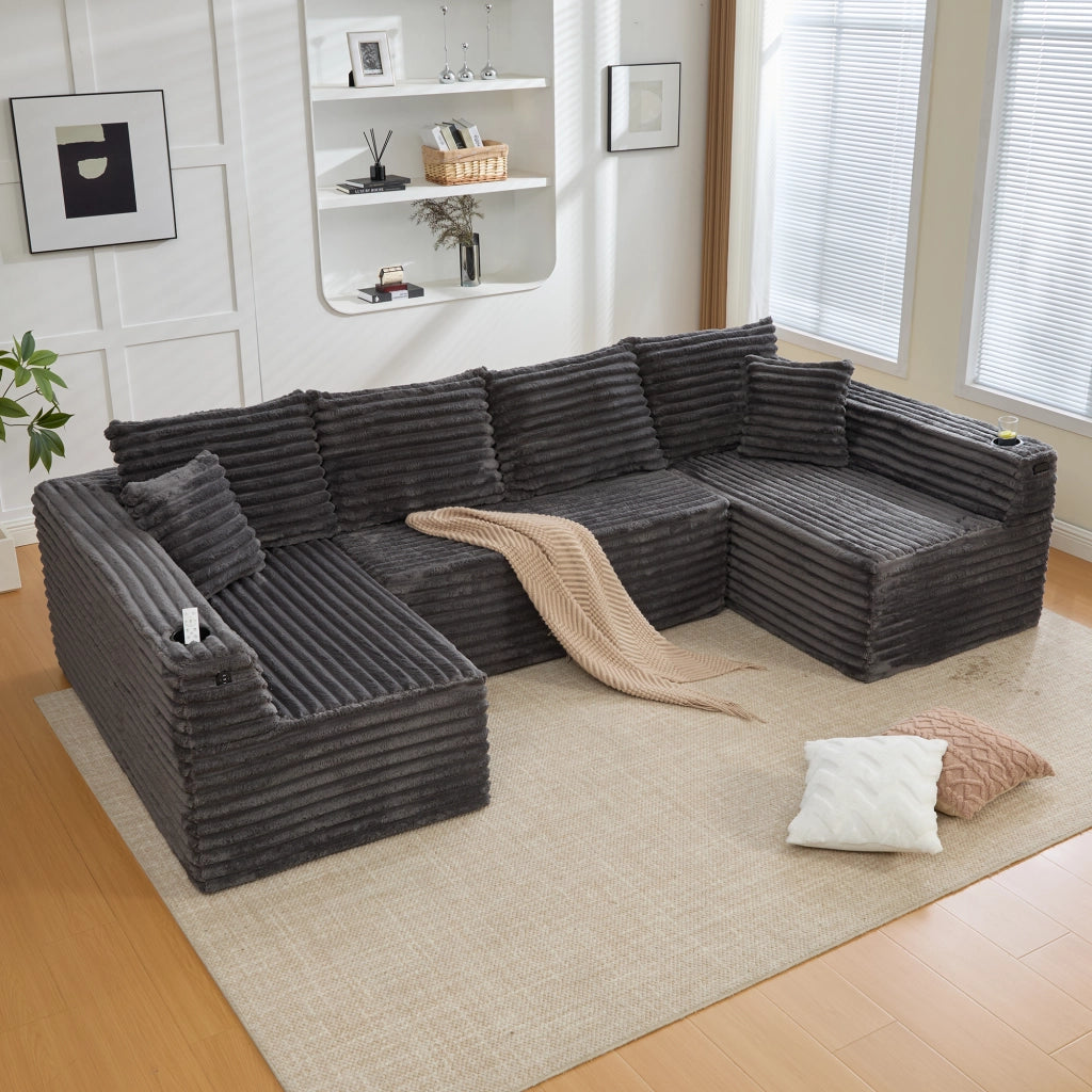 Divano modulare a U 4 posti - con porta bicchieri e tasche laterali - in corduroy grigio scuro