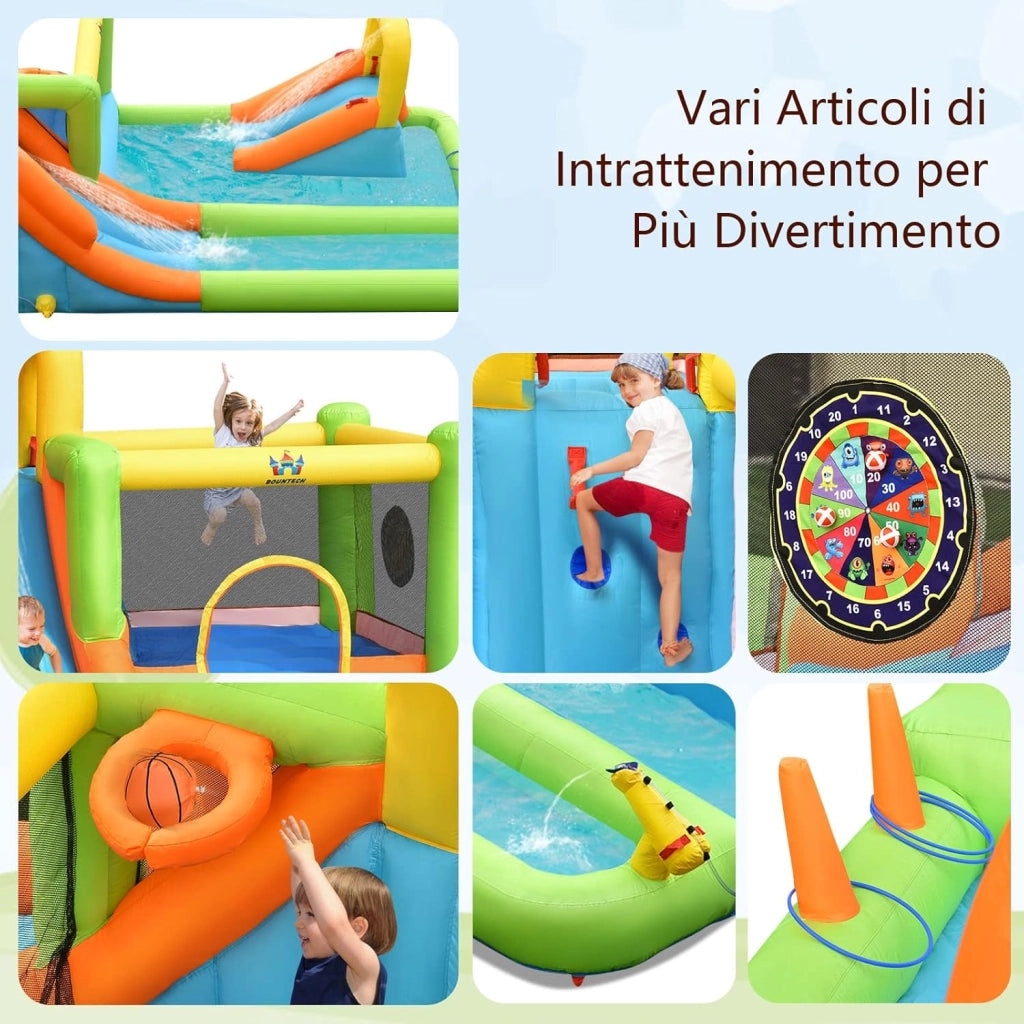 Castello Gonfiabile 8 in 1, Parco Acquatico con 2 Scivoli, Trampolino, Parete da Arrampicata, Canestro e Palla da Basket, Inclusi 3 Anelli, 3 Palline Bersaglio e Kit di Riparazione