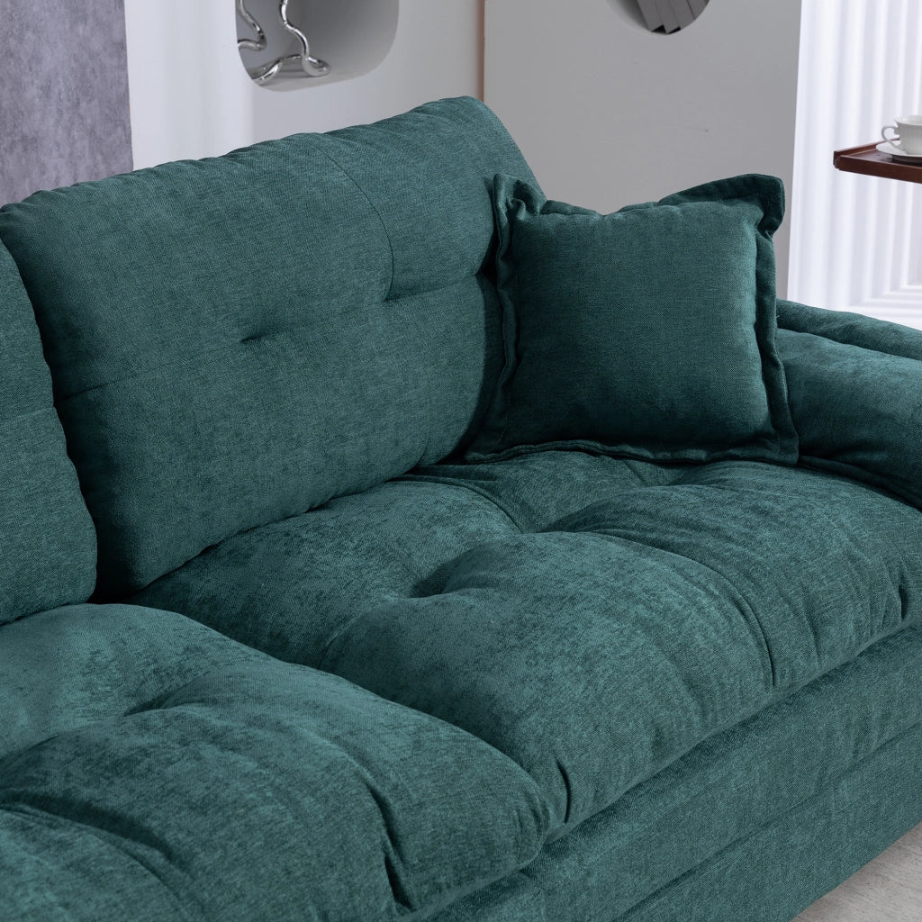 Divano dritto 3 posti con cuscini, seduta profonda e memory foam, in ciniglia, verde