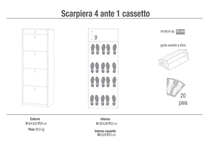Scarpiera 4 Ante 1 Cassetto 63x164x29 cm Cemento