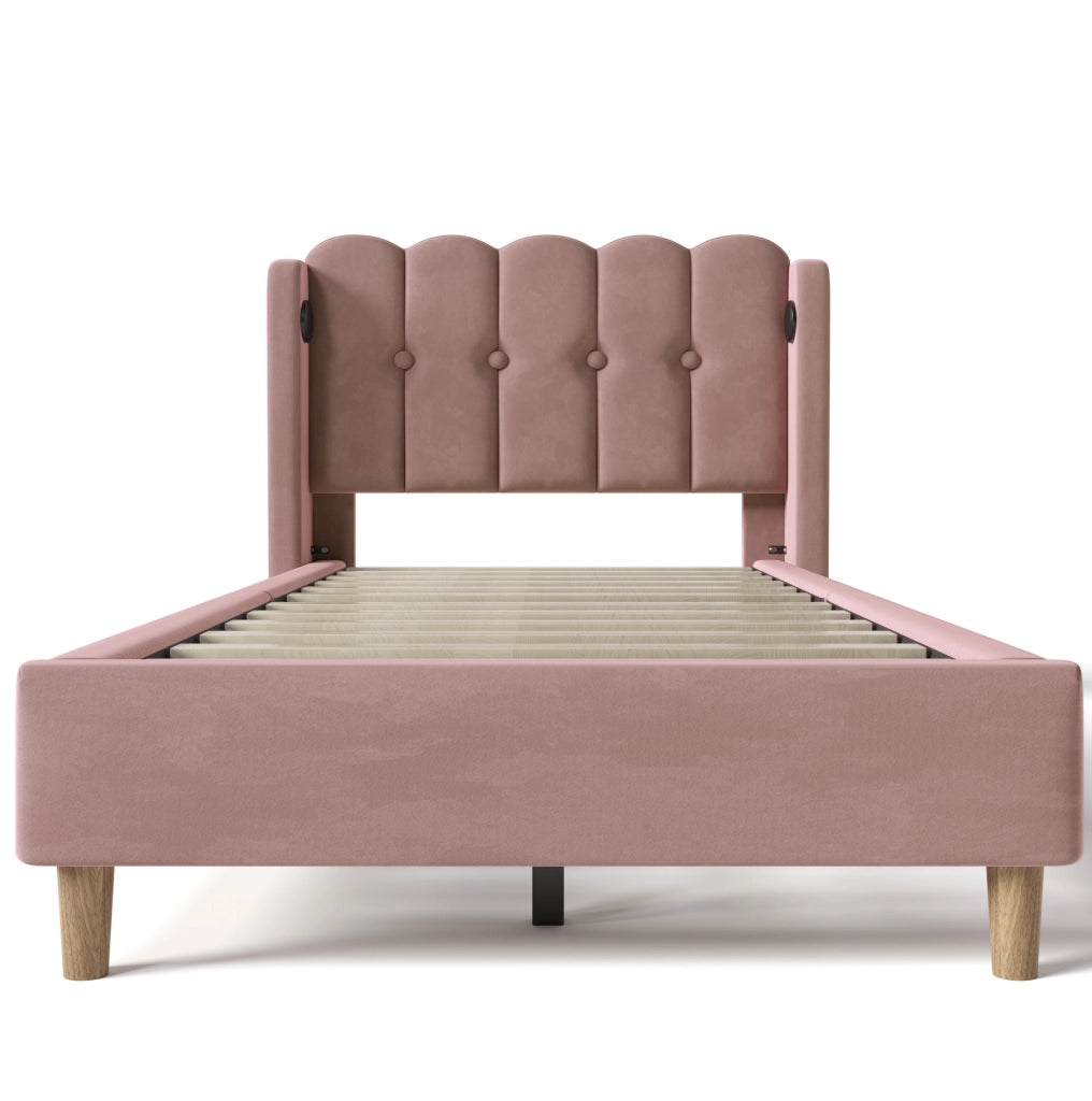 Letto imbottito in velluto rosa 90x200 cm con USB e Type-C