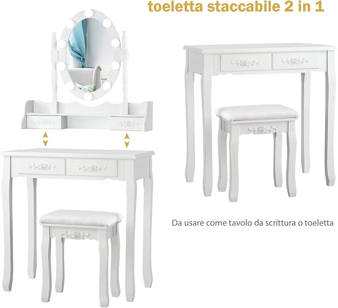Set Toeletta da Trucco, Illuminata a 10 Lampadine LED, 4 Cassetti per Cosmetici, Specchio Regolabile e Staccabile, Sgabello Imbottito, Moderno ed Elegante, 75x40x145 cm, Bianco