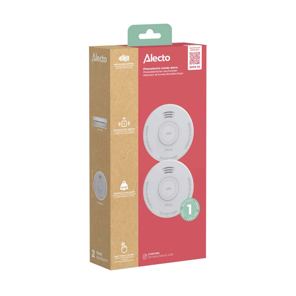 Lotto di 2 Rilevatori di Fumo Fotoelettrici Autonomi Allarme 85 dB Potente Bianco Alecto