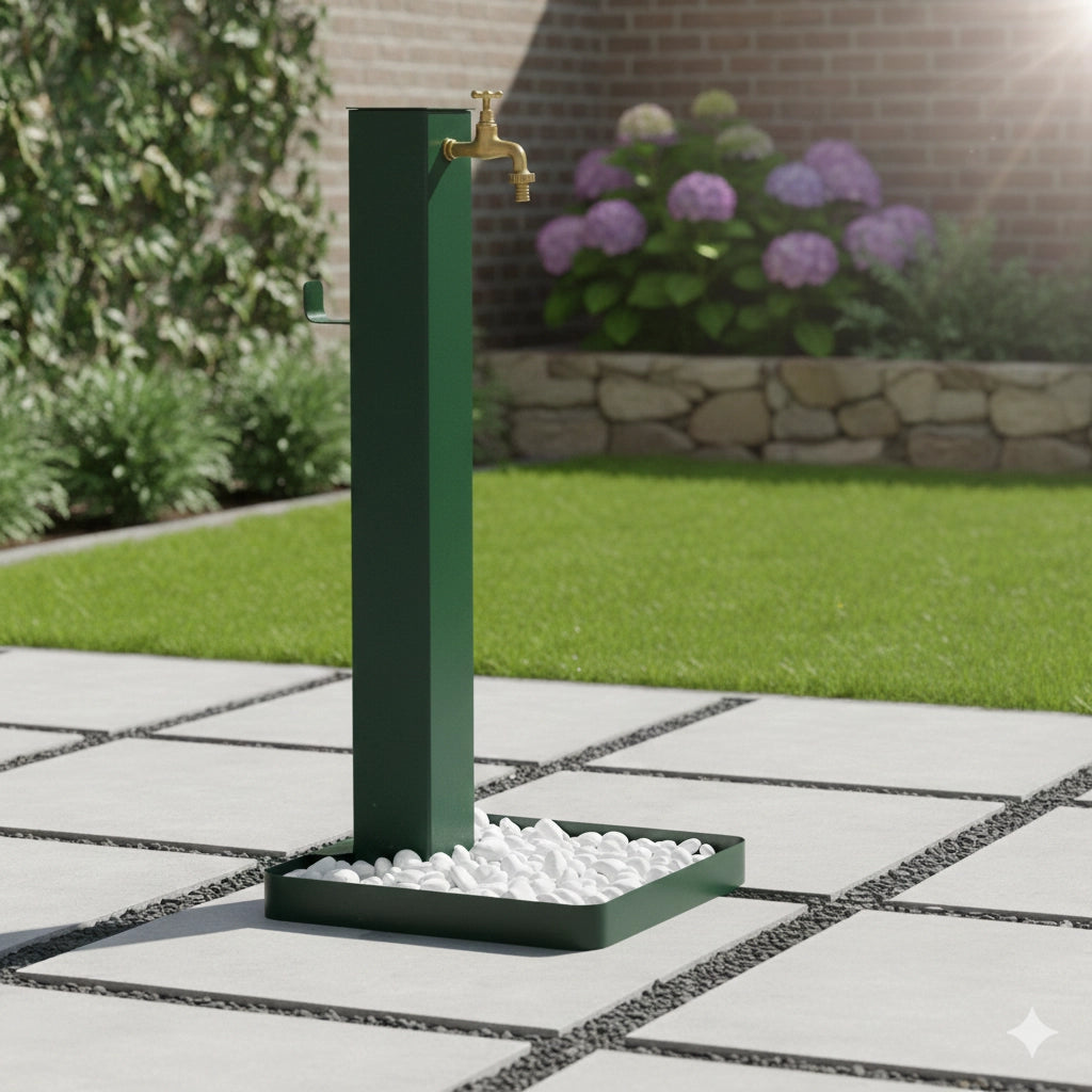 Fontana da Giardino Design a Colonna Quadrata Rubinetto in Ottone e Base con Ciottoli Verde
