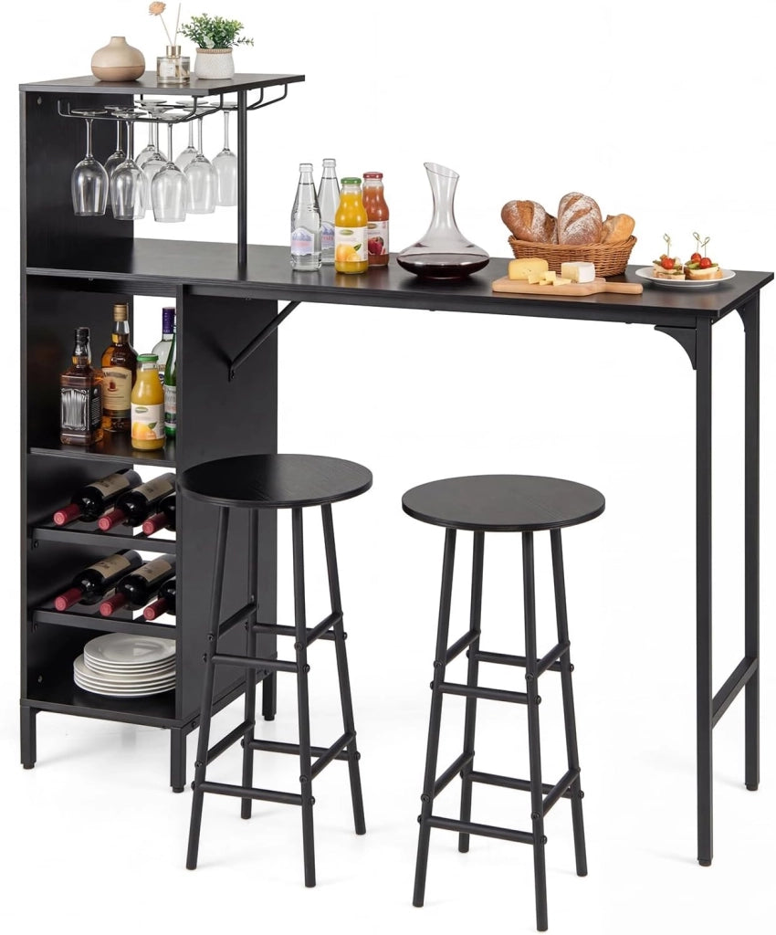 Set 3 Pezzi Tavolo e Sedie da Bar, Tavolo e Sgabelli da Pub Industriale con Porta Calici e 6 Portabottiglie da Vino, Set di Tavolo per Sala da Pranzo, Ristorante e Bar (Nero)