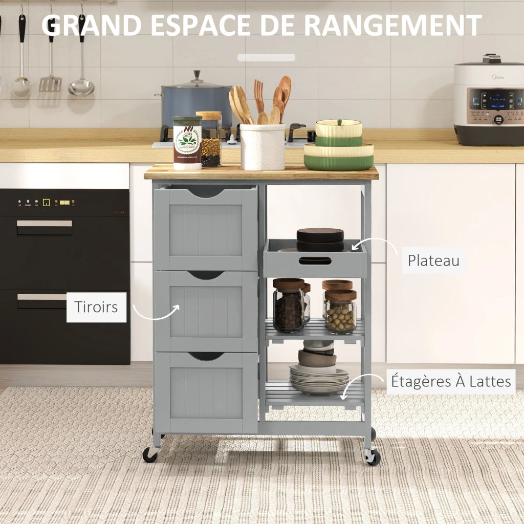 Carrello da cucina con 3 cassetti e piano rimovibile ¨C Minimal ¨C Grigio 67x37x85.5 cm
