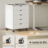 Cassettiera da Ufficio con 5 Cassetti per Documenti A3, Ruote e Blocco, 50x40x67.5 cm, Bianco