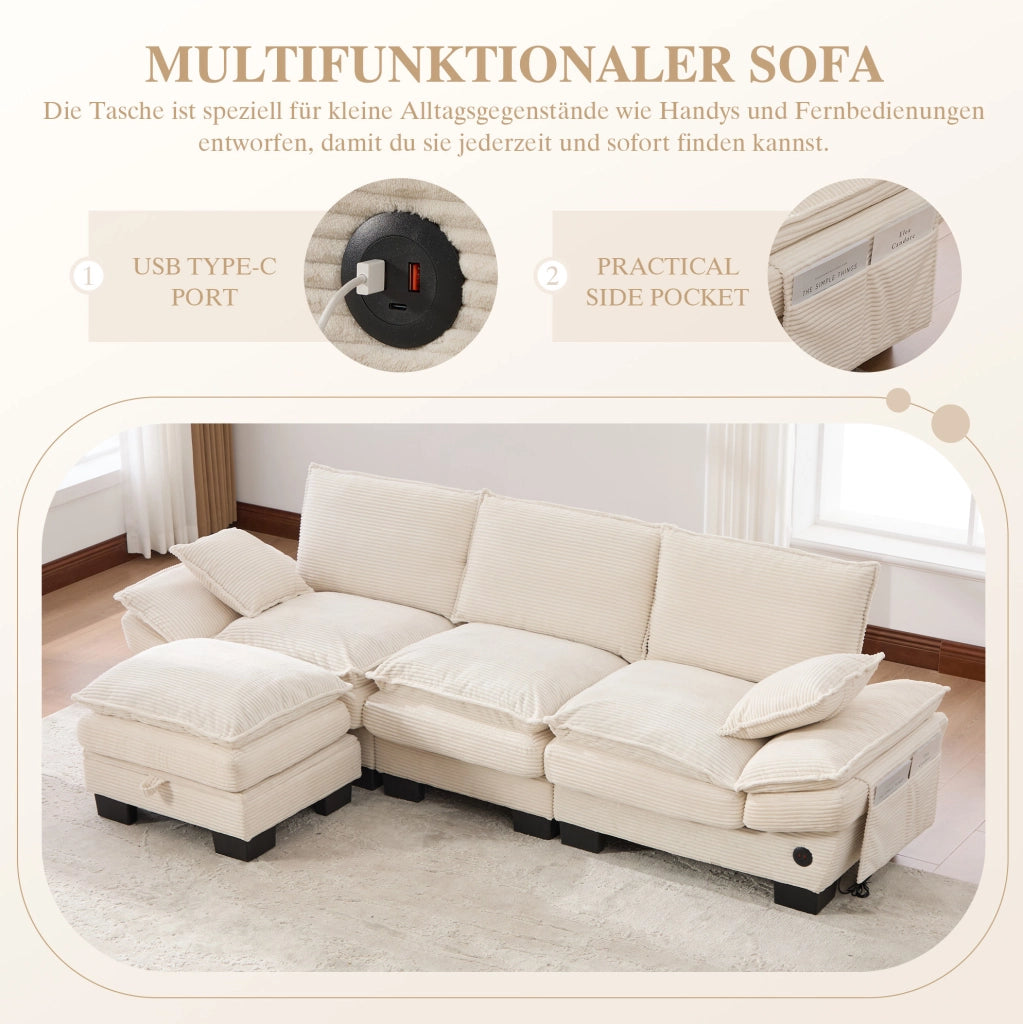 Divano modulare 3 posti con pouf e vano contenitore; USB-C; velluto a coste beige